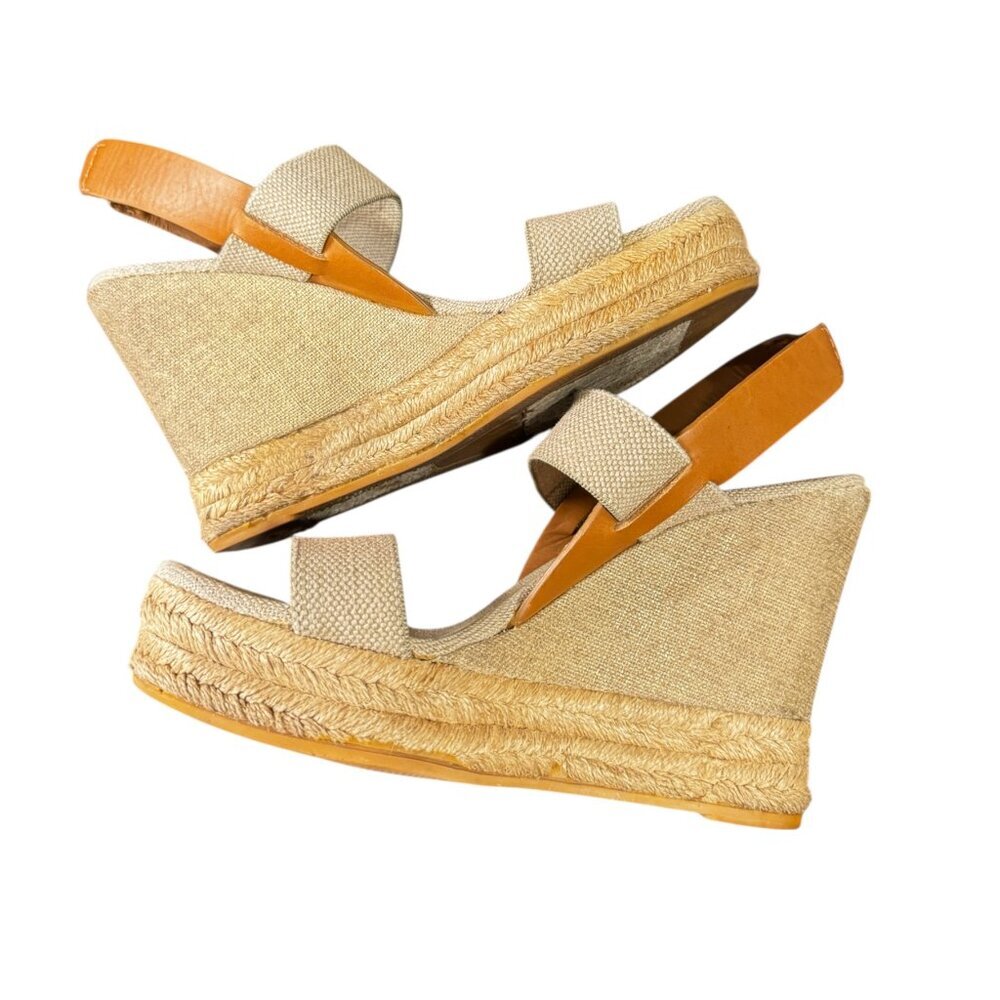 Tory Burch Espadrille Wedge Sandals Size 7.5 Canvas Slingback Platform Summer